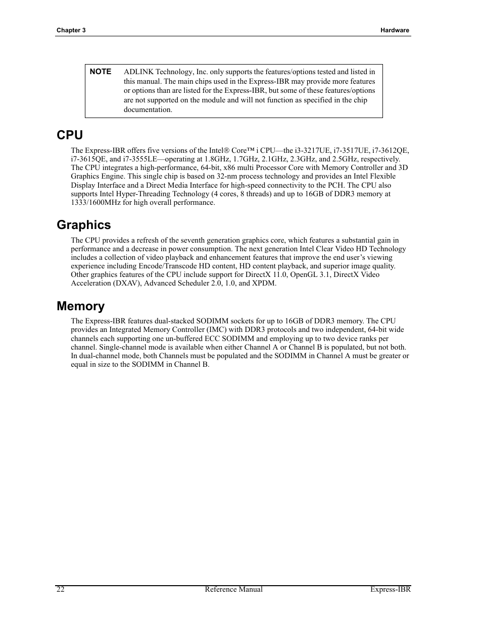 Cpu graphics memory, Graphics | ADLINK Express-IBR User Manual | Page 28 / 64