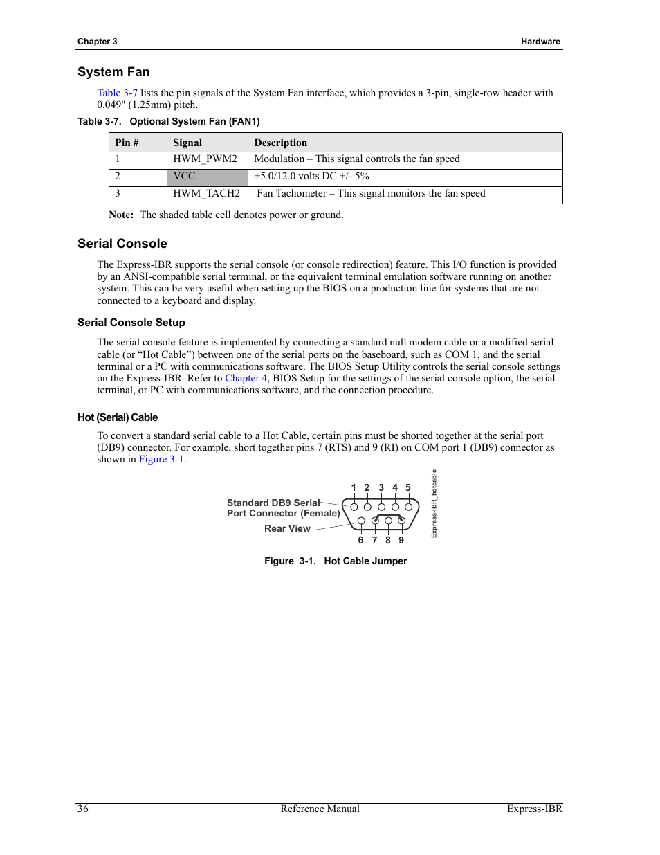 System fan serial console, Figure 3-1, Hot cable jumper | Table 3-7, Optional system fan (fan1), System fan, Serial console | ADLINK Express-IBR User Manual | Page 42 / 64