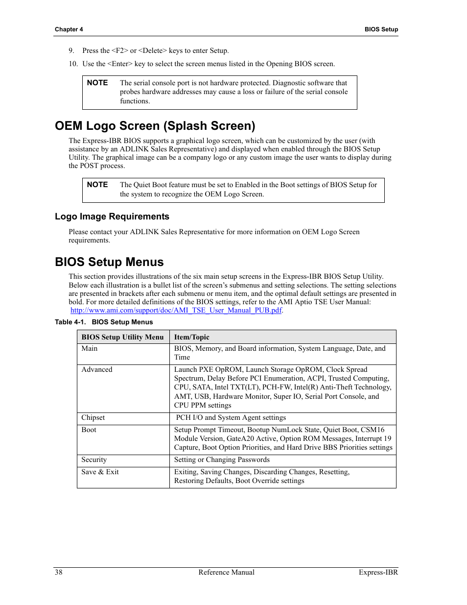 Oem logo screen (splash screen), Logo image requirements, Bios setup menus | Table 4-1 | ADLINK Express-IBR User Manual | Page 44 / 64