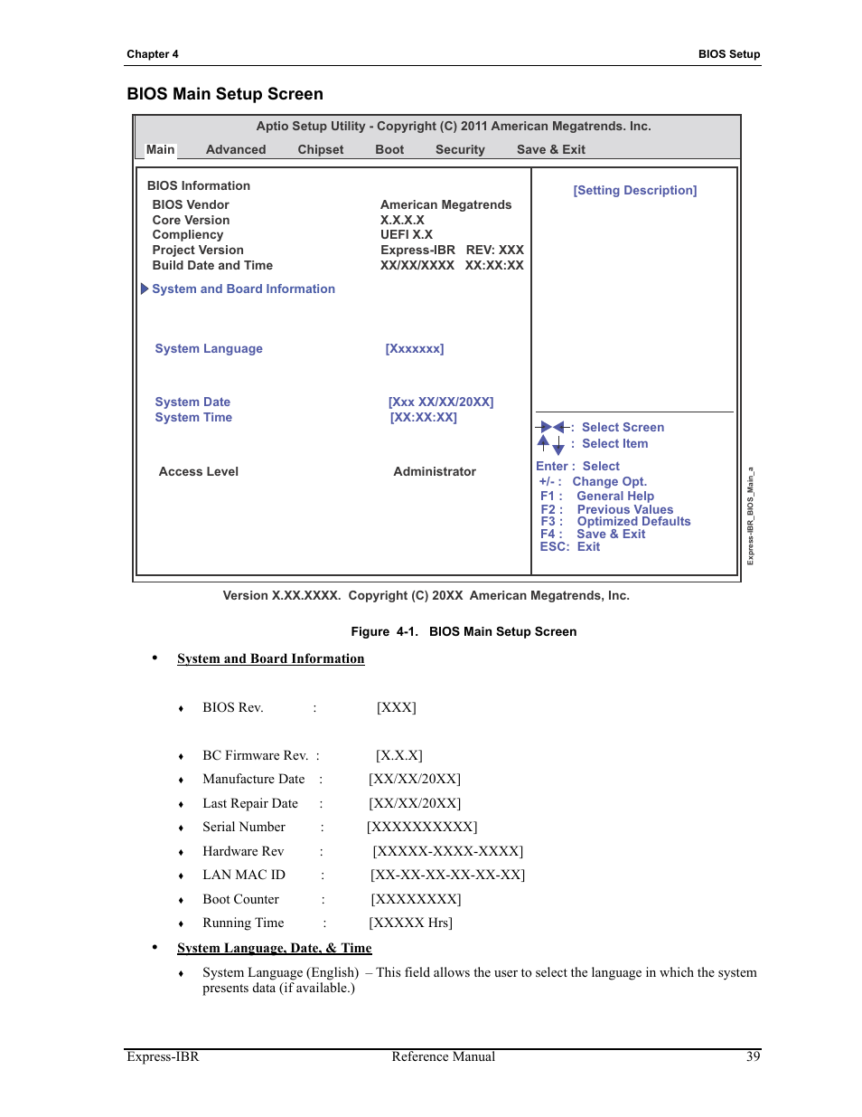 Bios main setup screen, Figure 4-1 | ADLINK Express-IBR User Manual | Page 45 / 64