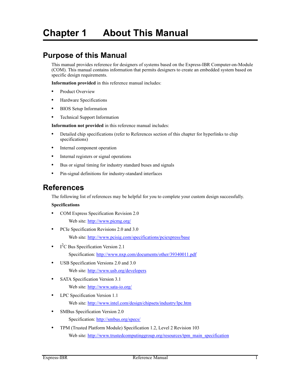 Chapter 1, About this manual, Purpose of this manual references | Chapter 1 about this manual, Purpose of this manual, References | ADLINK Express-IBR User Manual | Page 7 / 64