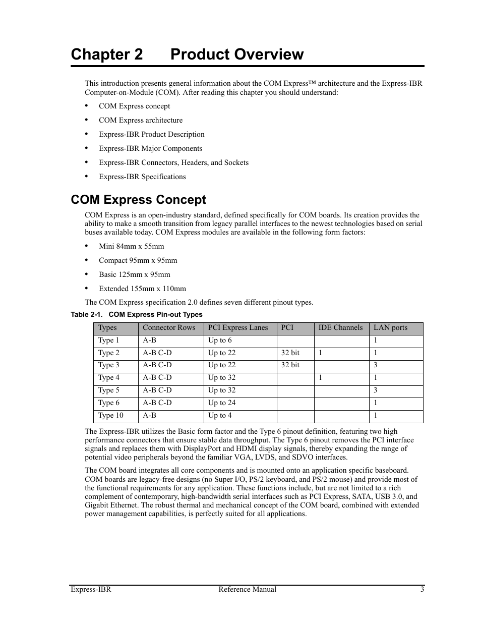 Chapter 2, Product overview, Com express concept | Table 2-1, Com express pin-out types, Chapter 2 product overview | ADLINK Express-IBR User Manual | Page 9 / 64