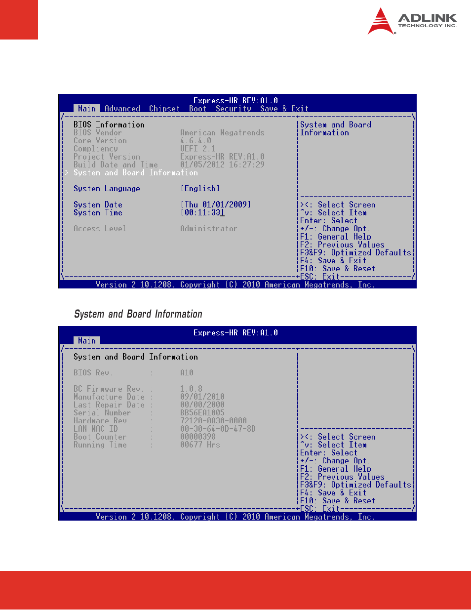 3 main setup, Main setup, System and board information | ADLINK Express-HR User Manual | Page 39 / 76