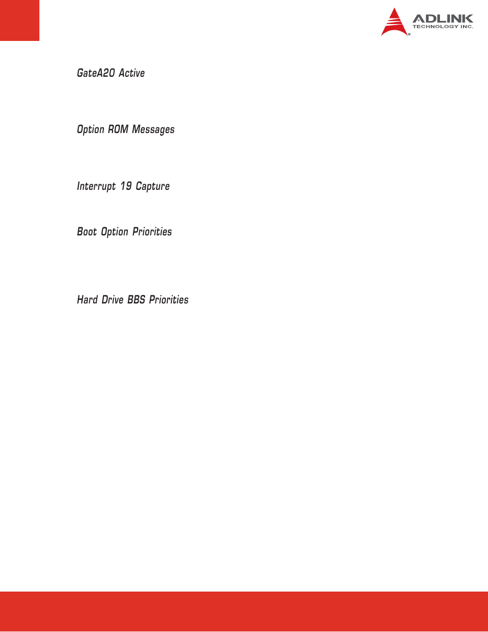 Gatea20 active, Option rom messages, Interrupt 19 capture | Boot option priorities, Hard drive bbs priorities | ADLINK Express-HR User Manual | Page 61 / 76