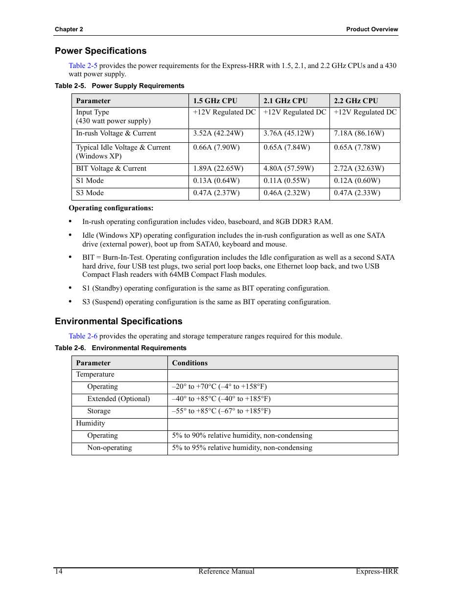 Power specifications environmental specifications, Table 2-5, Power supply requirements | Table 2-6, Environmental requirements | ADLINK Express-HRR User Manual | Page 18 / 54