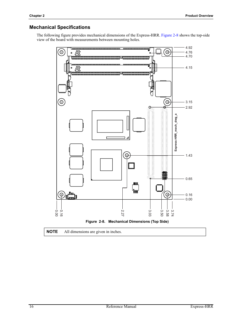 Mechanical specifications, Figure 2-8, Mechanical dimensions (top side) | ADLINK Express-HRR User Manual | Page 20 / 54