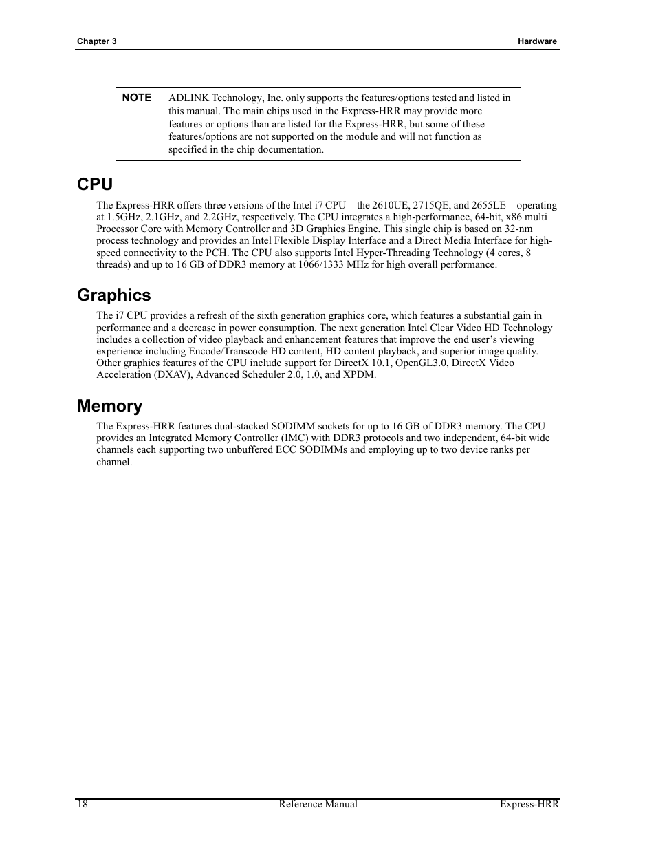 Cpu graphics memory, Graphics | ADLINK Express-HRR User Manual | Page 22 / 54