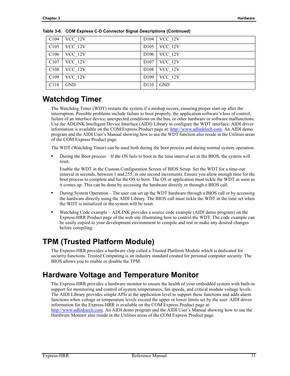 Watchdog timer, Tpm (trusted platform module), Hardware voltage and temperature monitor | ADLINK Express-HRR User Manual | Page 35 / 54