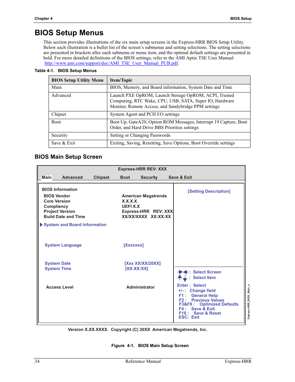 Bios setup menus, Bios main setup screen, Figure 4-1 | Table 4-1 | ADLINK Express-HRR User Manual | Page 38 / 54