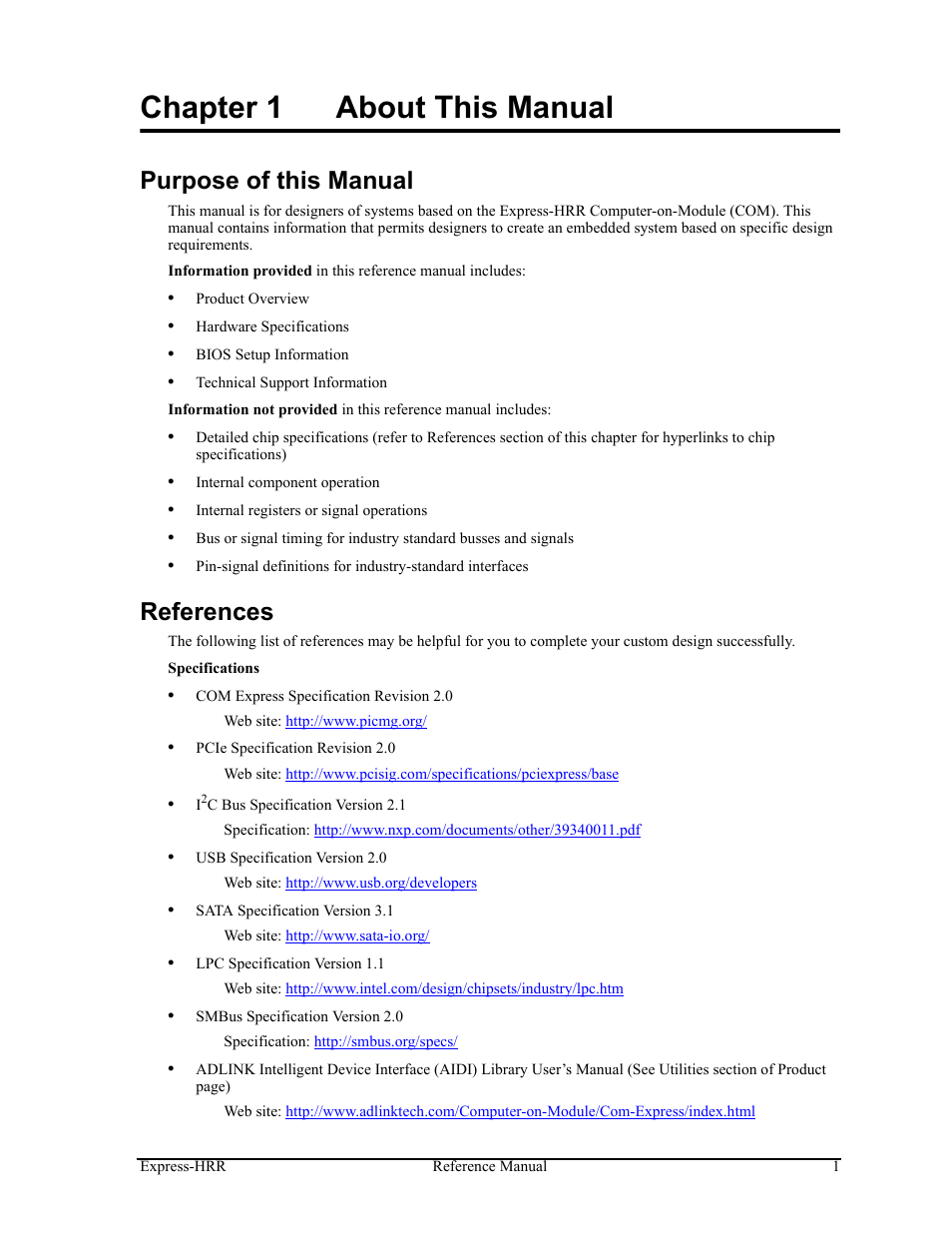 Chapter 1, About this manual, Purpose of this manual references | Chapter 1 about this manual, Purpose of this manual, References | ADLINK Express-HRR User Manual | Page 5 / 54
