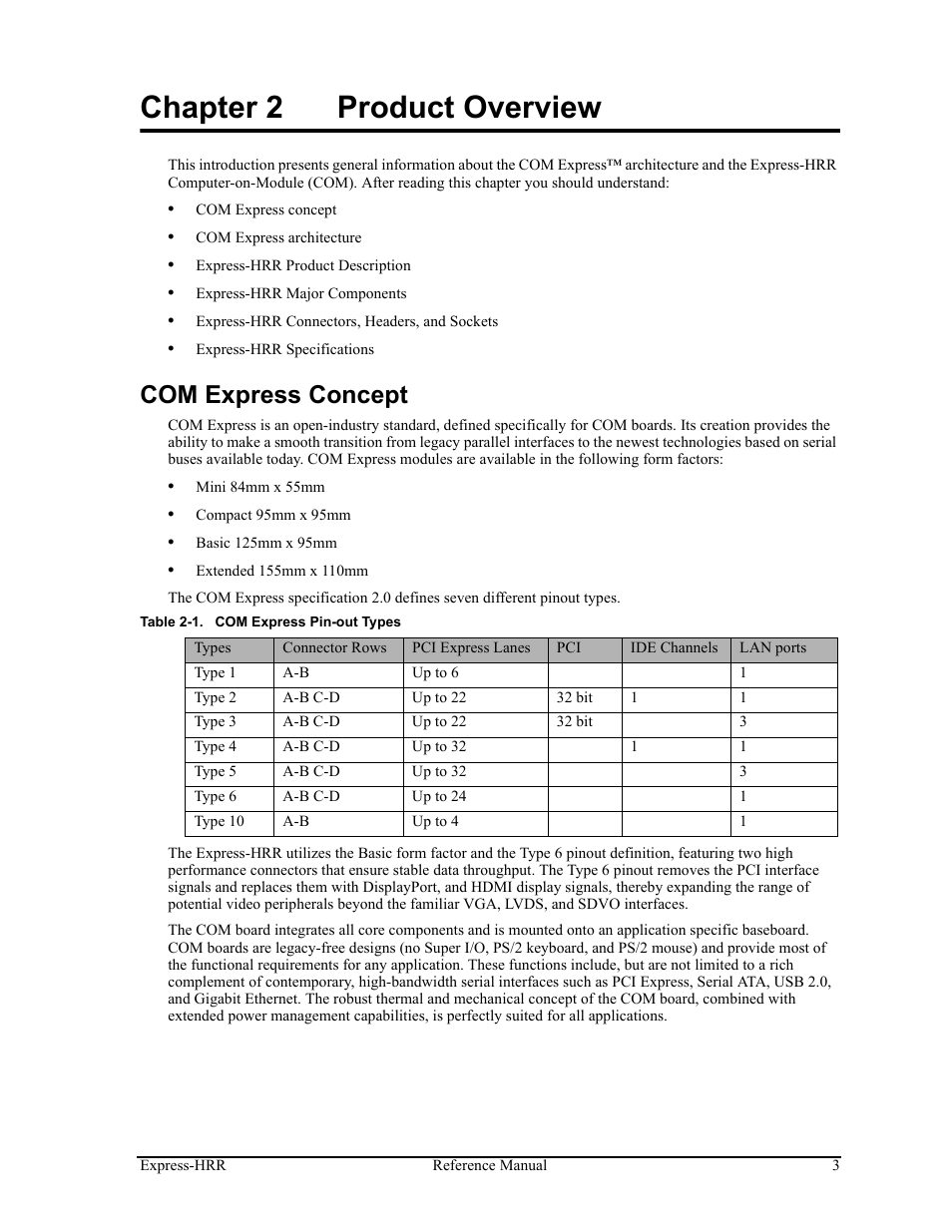 Chapter 2, Product overview, Com express concept | Table 2-1, Com express pin-out types, Chapter 2 product overview | ADLINK Express-HRR User Manual | Page 7 / 54