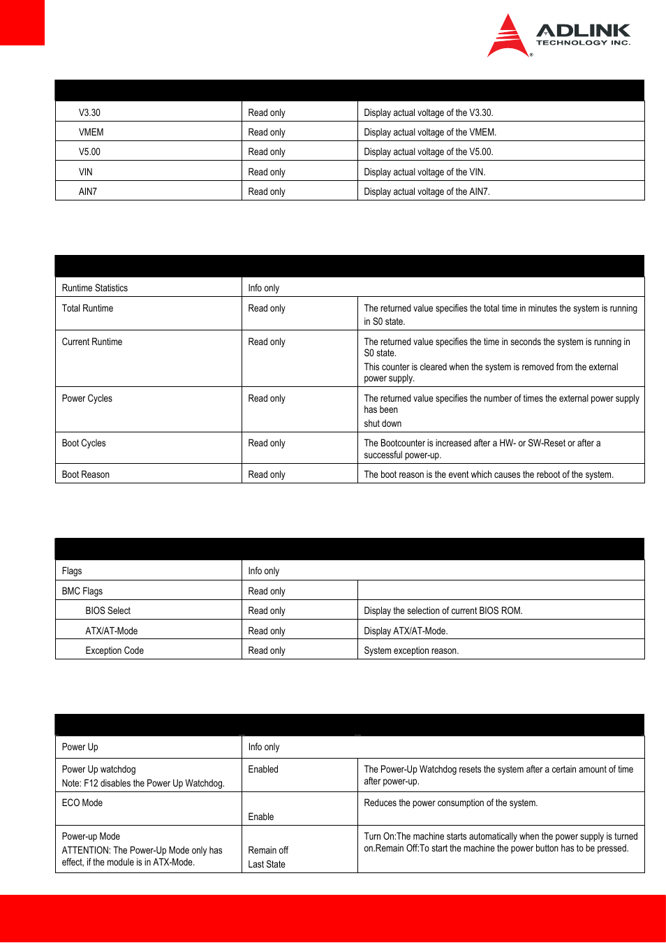 8 system management > runtime statistics, 9 system management > flags, 10 system management > power up | ADLINK cExpress-BL User Manual | Page 50 / 84