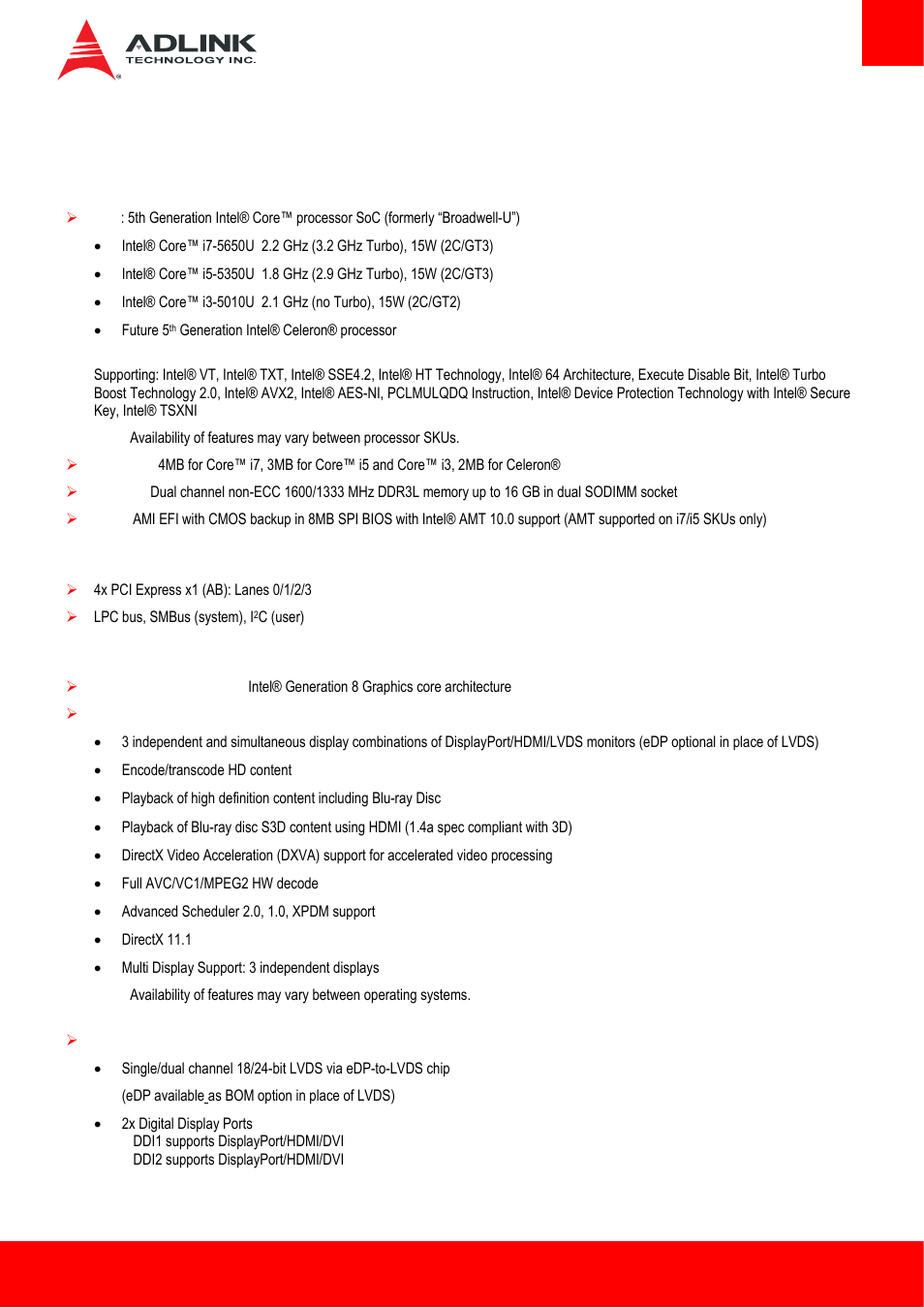 2 specifications, 1 core system, 2 expansion busses | 3 video, Core system, Expansion busses, Video | ADLINK cExpress-BL User Manual | Page 7 / 84