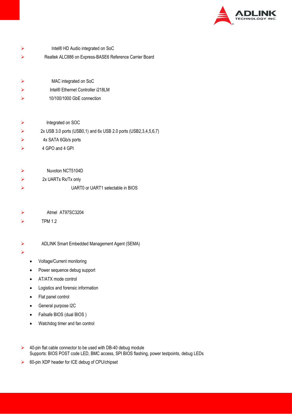 4 audio, 5 lan, 6 multi i/o and storage | 7 serial i/o on module, 8 trusted platform module (tpm), 9 sema board controller, 10 debug, Audio, Multi i/o and storage, Serial i/o on module | ADLINK cExpress-BL User Manual | Page 8 / 84