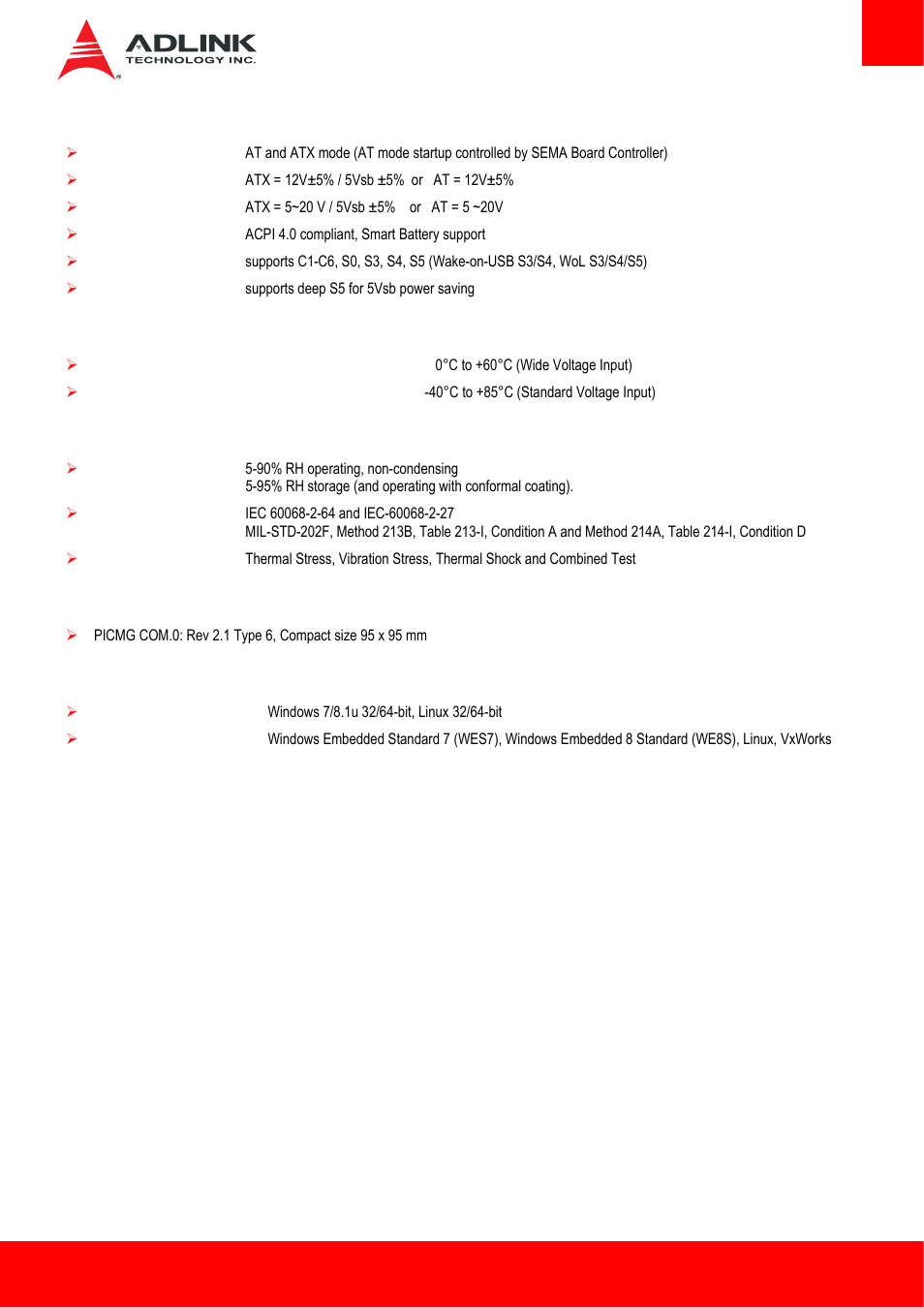 11 power specifications, 12 operating temperatures, 13 environmental | 14 specification compliance, 15 operating systems, Power specifications, Operating temperatures, Environmental, Specification compliance, Operating systems | ADLINK cExpress-BL User Manual | Page 9 / 84