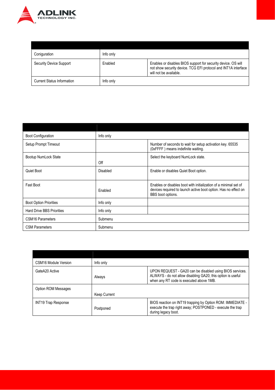 2 miscellaneous > trusted computing, 4 boot, 1 boot configuration | 1 boot configuration > csm16 parameters, Boot | ADLINK cExpress-HL User Manual | Page 65 / 83