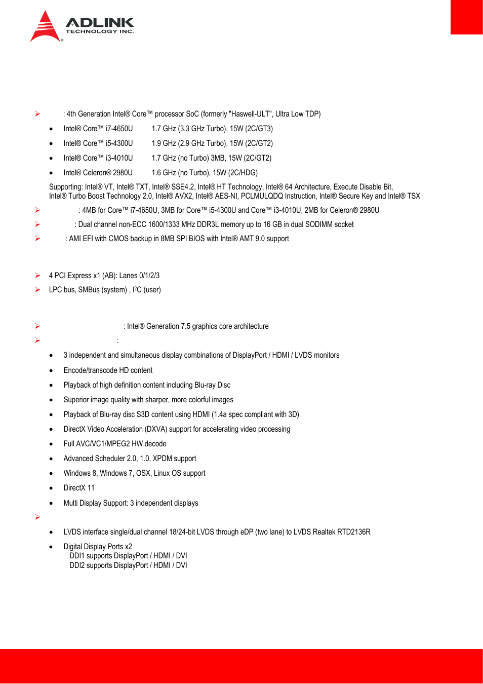 2 specifications, 1 core system, 2 expansion busses | 3 video, Core system, Expansion busses, Video | ADLINK cExpress-HL User Manual | Page 7 / 83