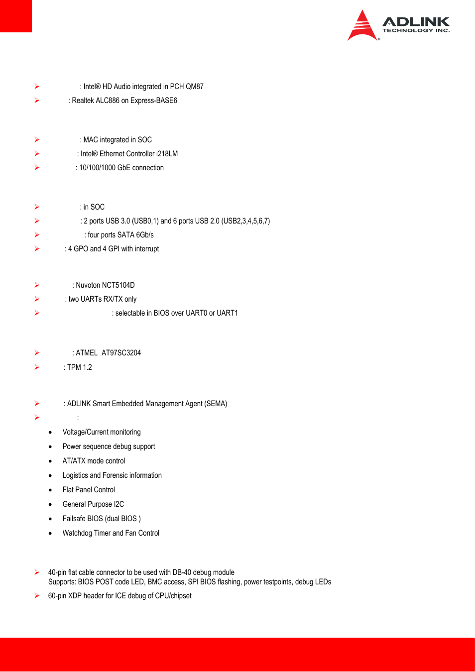 4 audio, 5 lan, 6 multi i/o and storage | 7 serial i/o on module, 8 tpm (trusted platform module), 9 sema board controller, 10 debug, Audio, Multi i/o and storage, Serial i/o on module | ADLINK cExpress-HL User Manual | Page 8 / 83