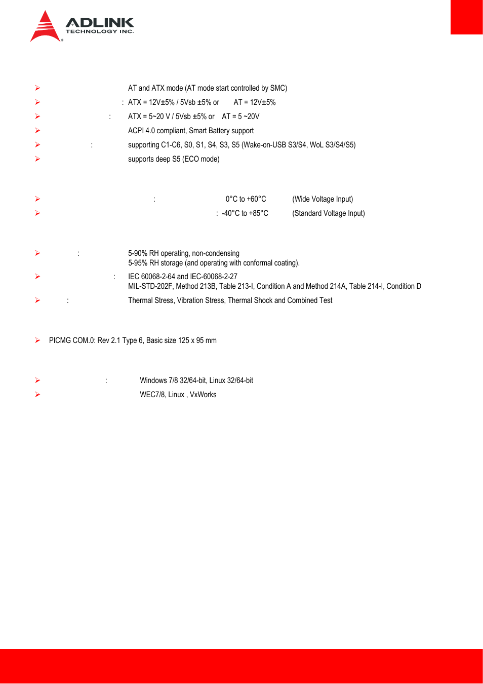 11 power specifications, 12 operating temperatures, 13 environmental | 14 specification compliance, 15 operating systems, Power specifications, Operating temperatures, Environmental, Specification compliance, Operating systems | ADLINK cExpress-HL User Manual | Page 9 / 83
