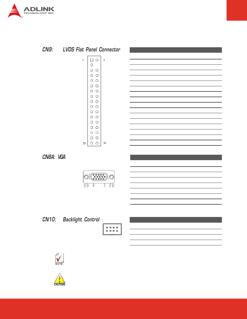 11 vga, lvds, Vga, lvds, Cn10: backlight control | Cn9: lvds flat panel connector, Cn8a: vga | ADLINK Express-BASE6 User Manual | Page 24 / 43