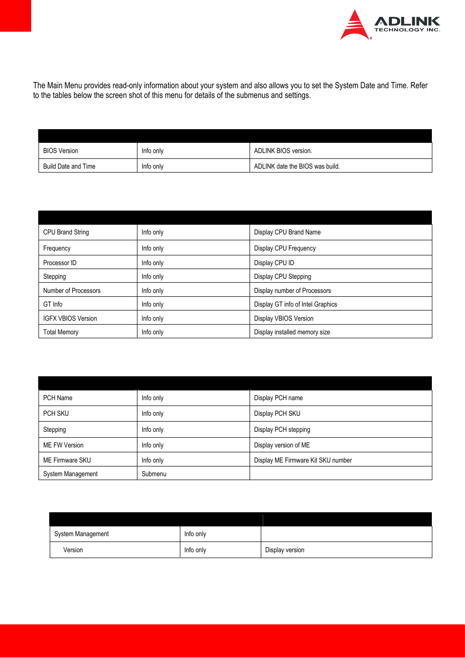 2 main, 1 system information, 2 processor information | 3 pch information, 1 pch information system management, Main | ADLINK Express-HL2 User Manual | Page 48 / 86