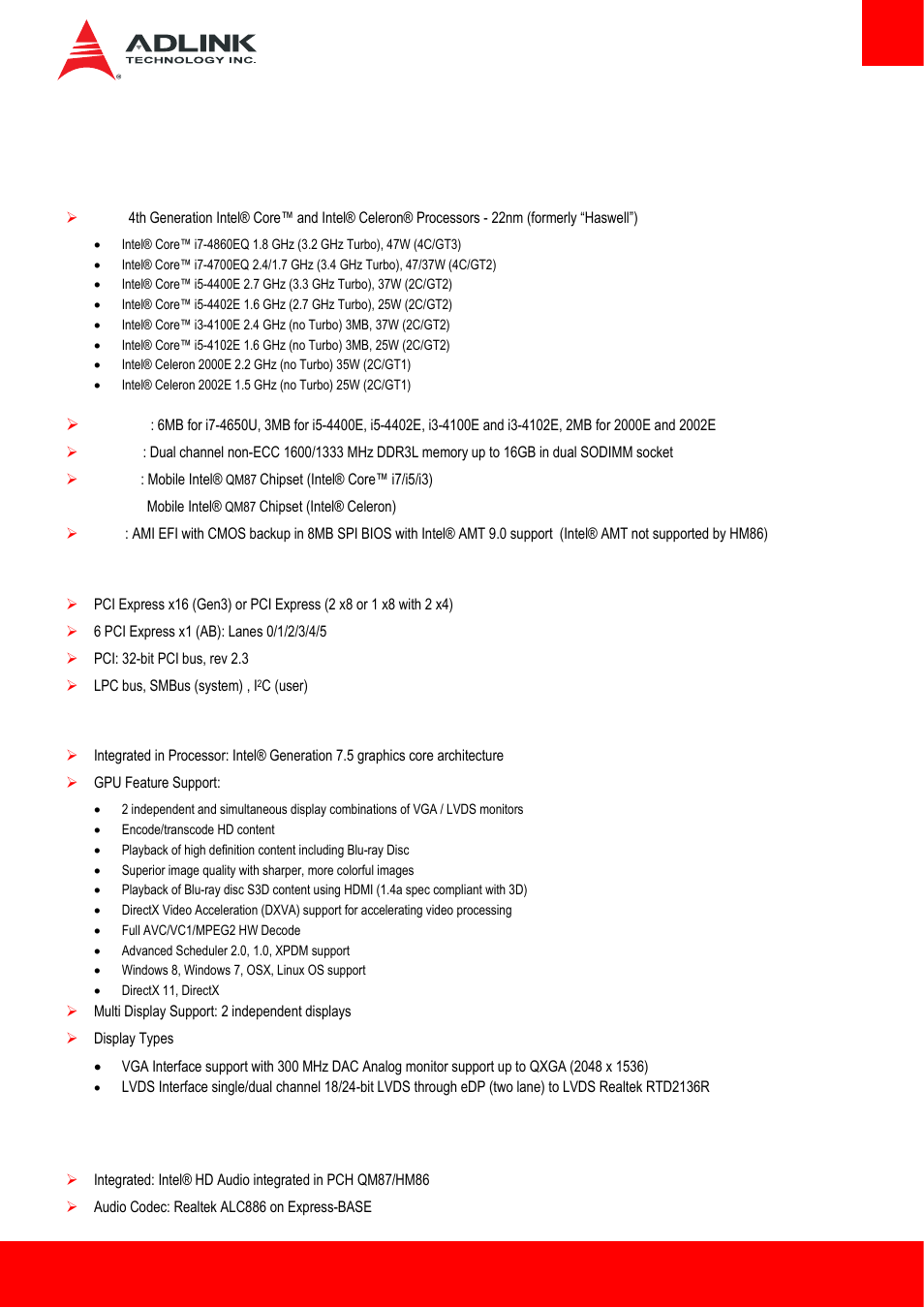 2 specifications, 1 core system, 2 expansion busses | 3 video, 4 audio, Core system, Expansion busses, Video, Audio | ADLINK Express-HL2 User Manual | Page 7 / 86
