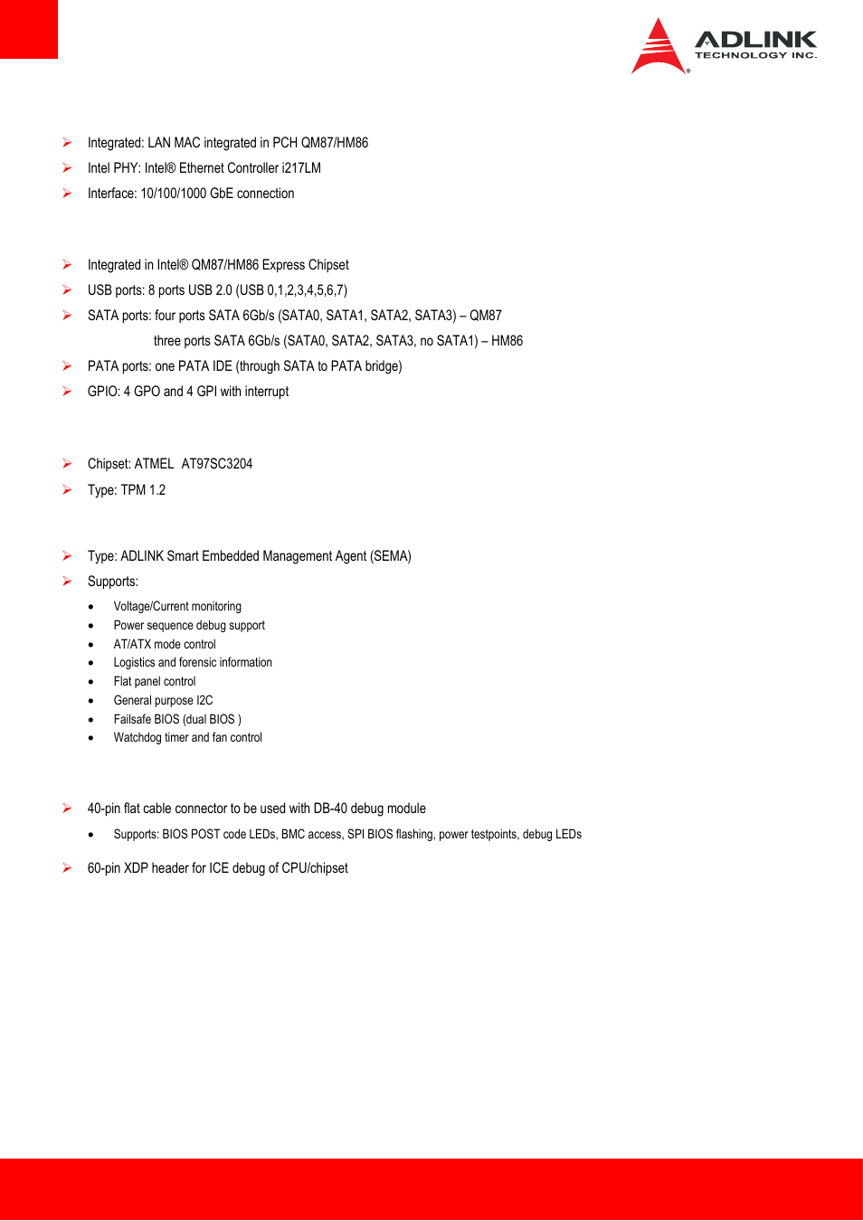 5 lan, 6 multi i/o and storage, 7 tpm (trusted platform module) | 8 sema board controller, 9 debug, Multi i/o and storage, Tpm (trusted platform module), Sema board controller, Debug | ADLINK Express-HL2 User Manual | Page 8 / 86