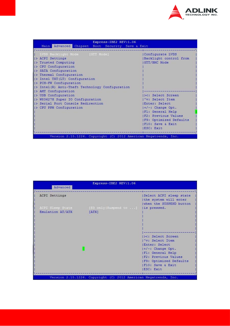Advanced setup, Acpi settings | ADLINK Express-IBE2 User Manual | Page 48 / 83