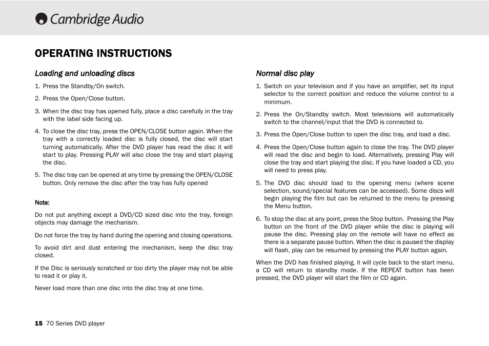Operating instructions | Cambridge Audio 70 User Manual | Page 16 / 28