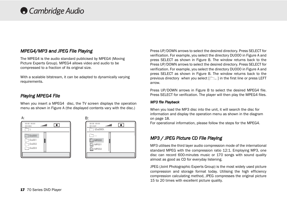 Mpeg4/mp3 aand jjpeg ffile pplaying, Playing m mpeg4 ffile, Mp3 // jjpeg ppicture c cd ffile pplaying | Cambridge Audio 70 User Manual | Page 18 / 28