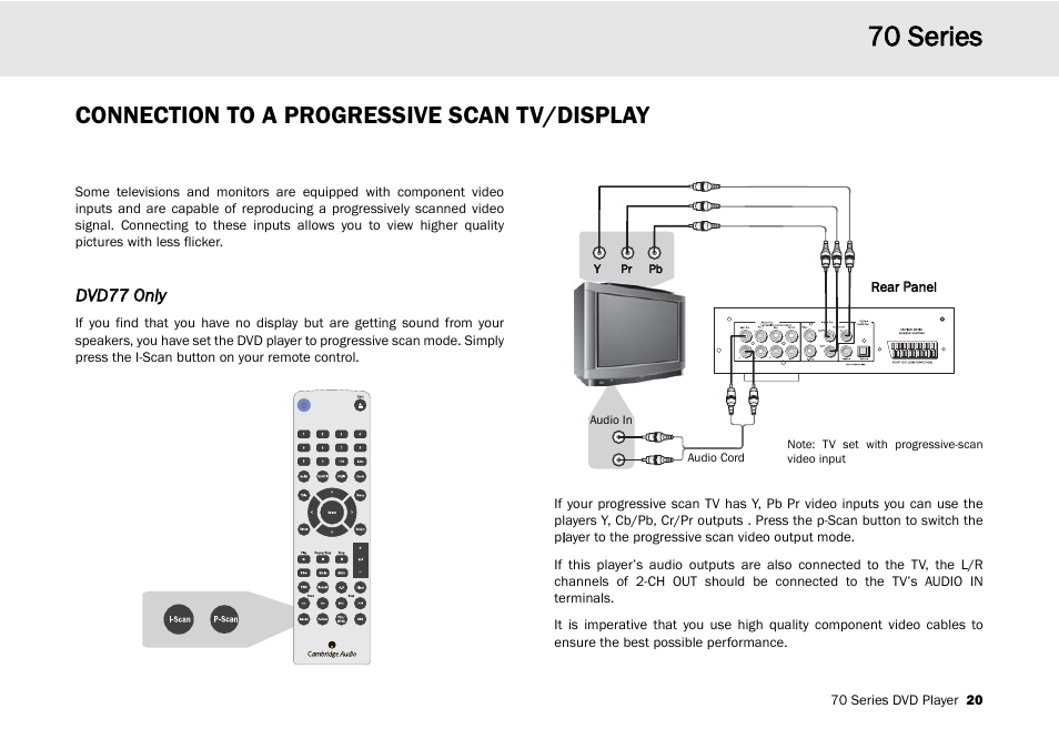 70 s series, Connection to a progressive scan tv/display | Cambridge Audio 70 User Manual | Page 21 / 28