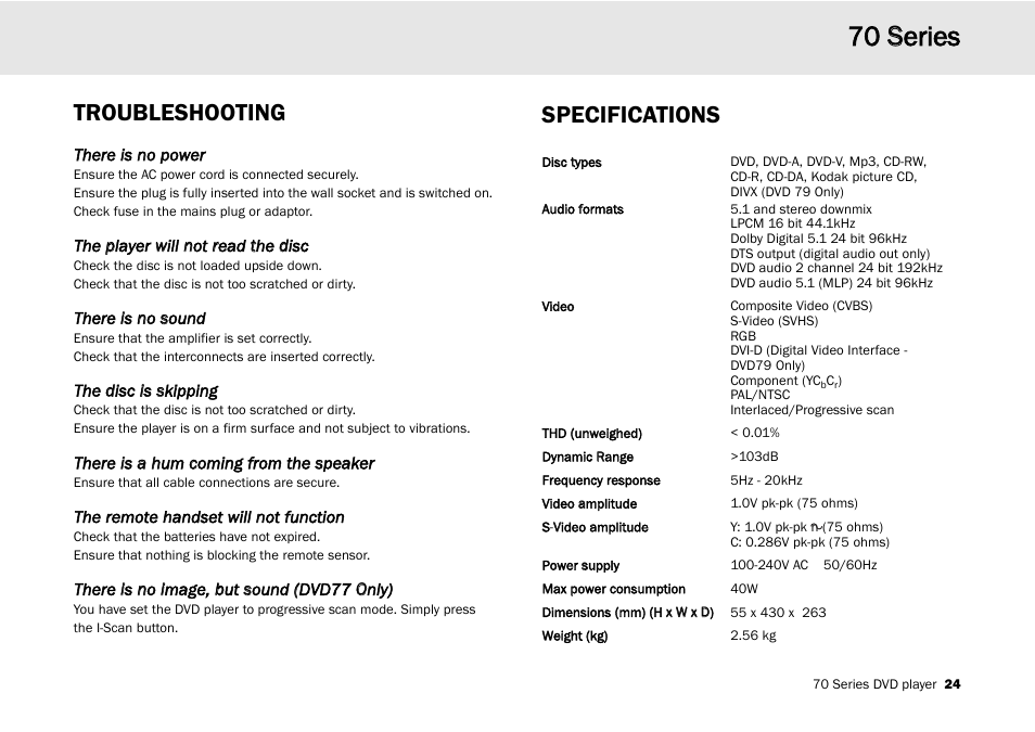 70 s series, Troubleshooting specifications | Cambridge Audio 70 User Manual | Page 25 / 28