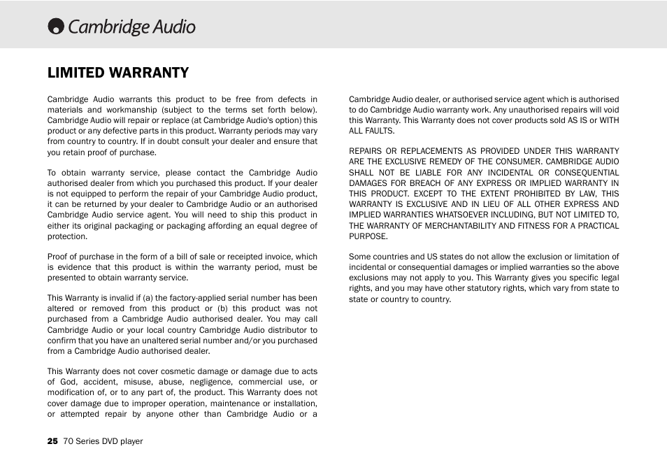 Limited warranty | Cambridge Audio 70 User Manual | Page 26 / 28