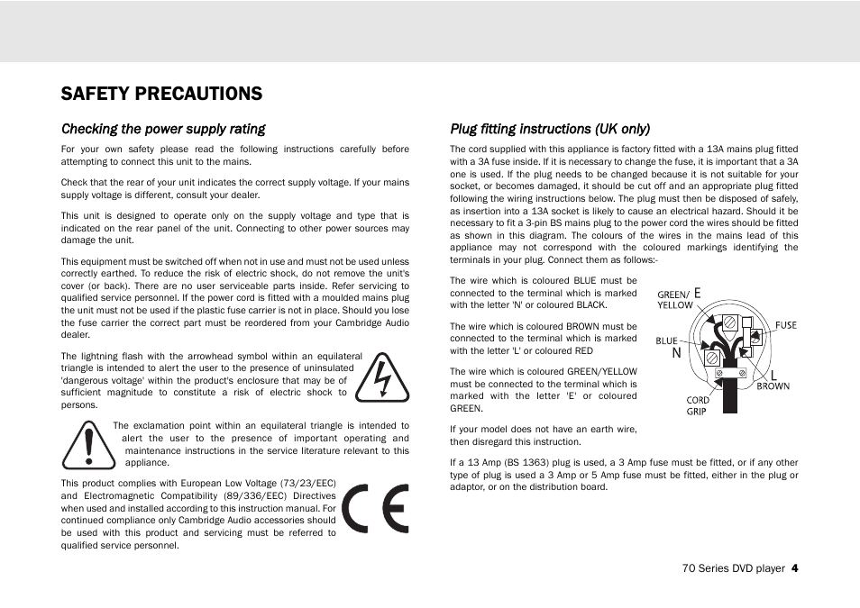 70 s series, Safety precautions | Cambridge Audio 70 User Manual | Page 5 / 28