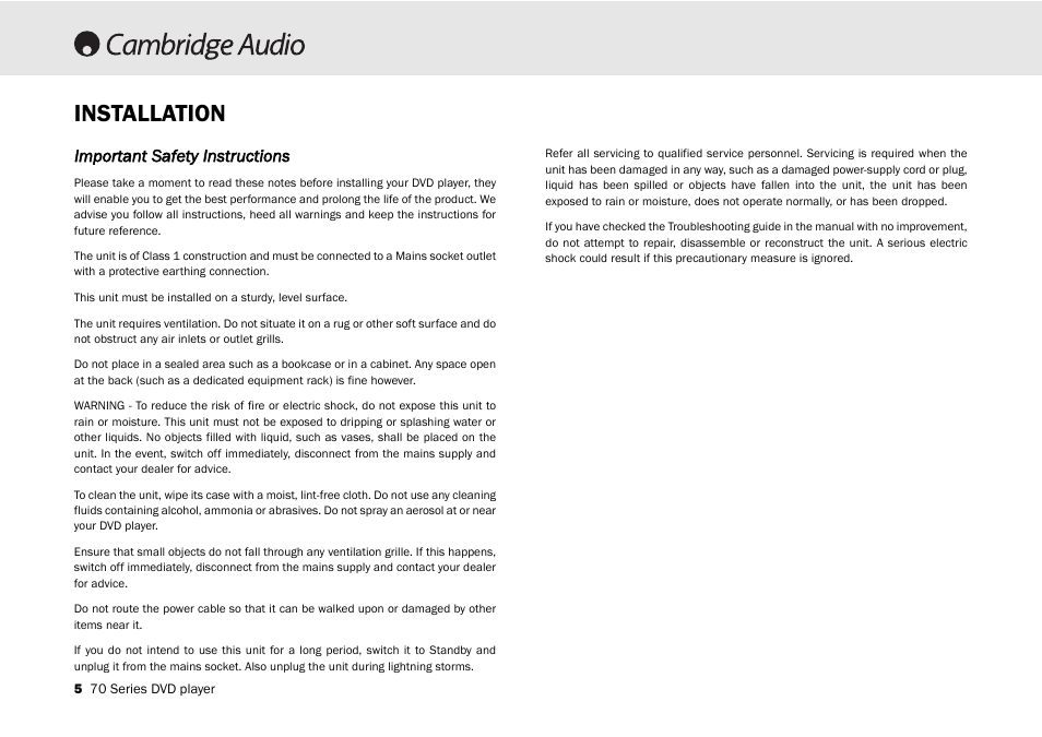 Installation, Important s safety iinstructions | Cambridge Audio 70 User Manual | Page 6 / 28