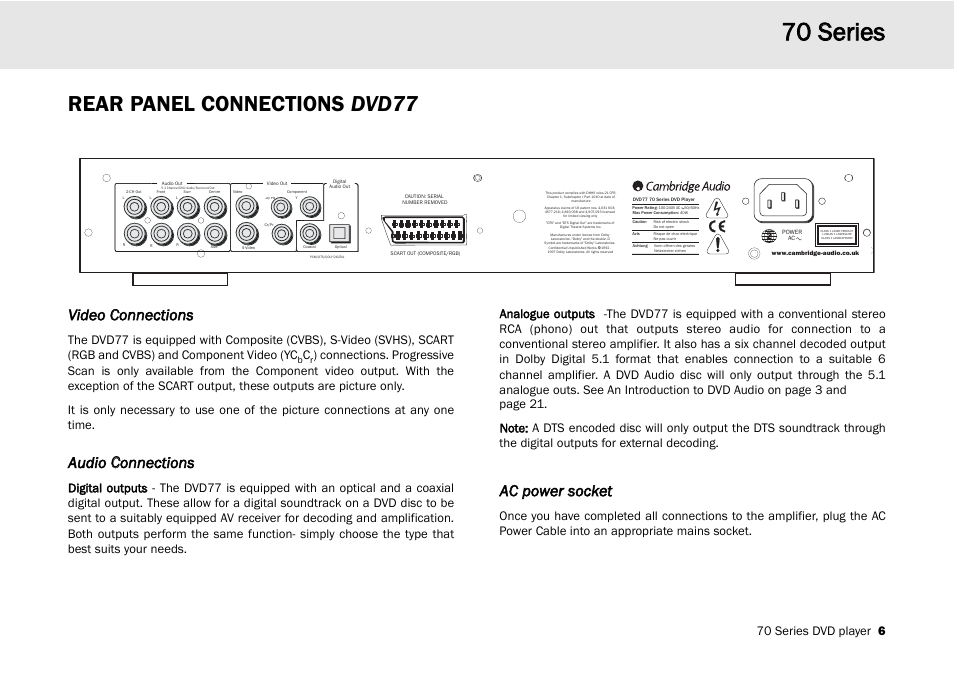 70 s series, Rear panel connections dvd77, Video c connections | Audio c connections, Ac ppower ssocket, 70 series dvd player 6 | Cambridge Audio 70 User Manual | Page 7 / 28