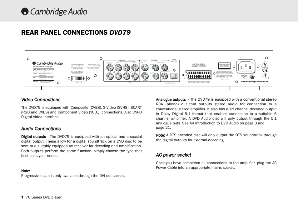 Rear panel connections dvd79, Video c connections, Audio c connections | Ac ppower ssocket, 7 70 series dvd player, Connections. also dvi-d digital video interface | Cambridge Audio 70 User Manual | Page 8 / 28