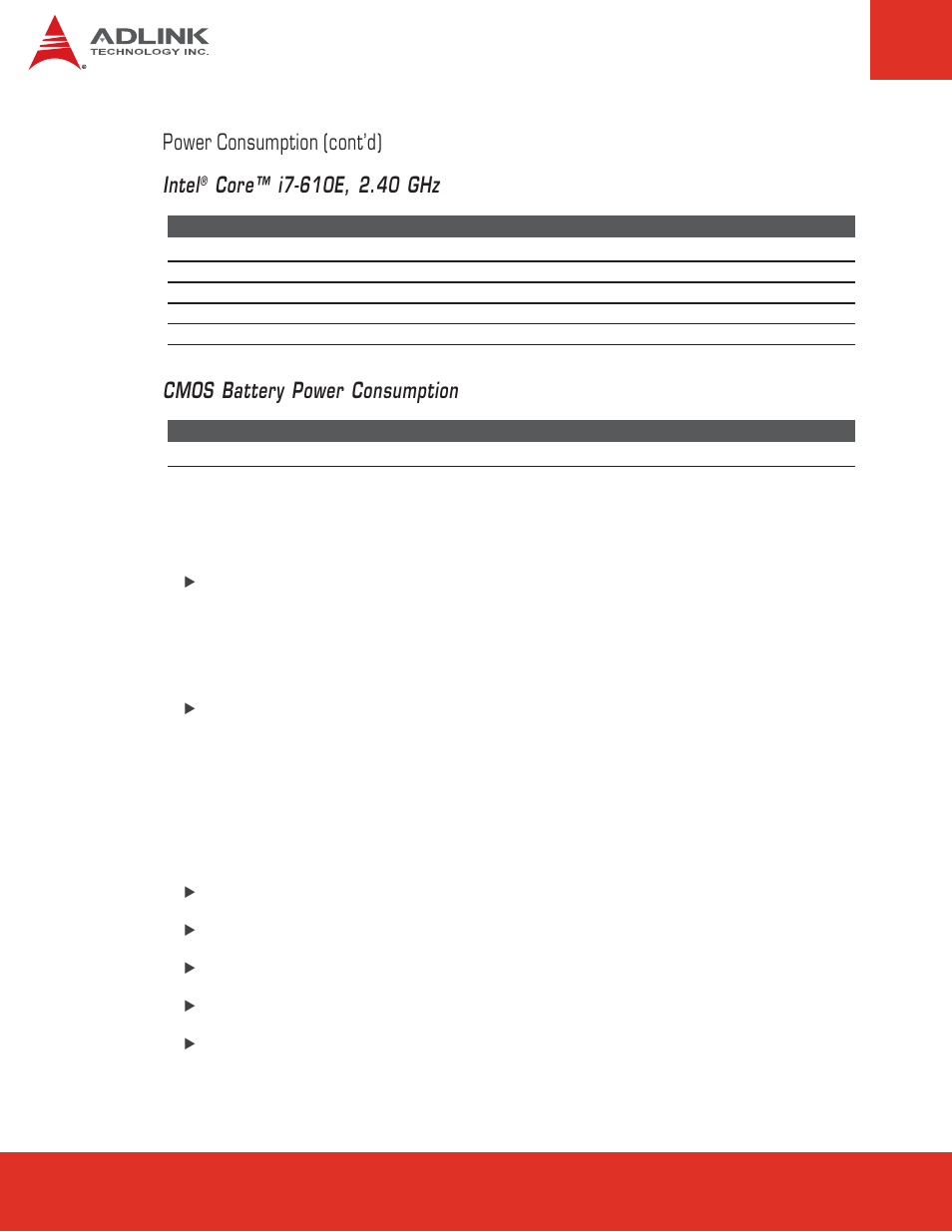 11 operating systems, 12 mechanical and environmental, Power consumption (cont’d) intel | Cmos battery power consumption | ADLINK Express-CB User Manual | Page 12 / 78