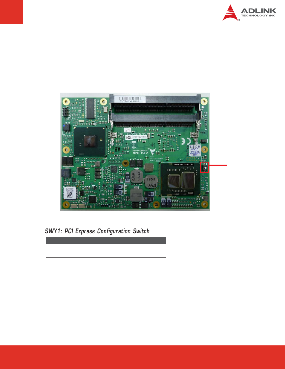 5 pci express x16 configuration, Pci express x16 configuration, Swy1: pci express configuration switch | ADLINK Express-CB User Manual | Page 27 / 78