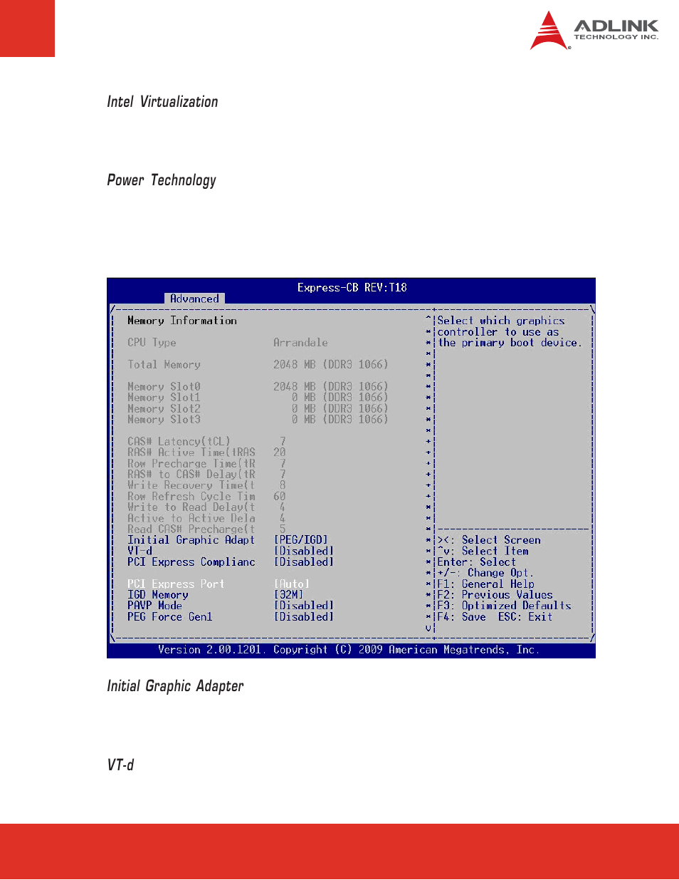 Intel virtualization, Power technology, 2 cpu configuration initial graphic adapter | Vt-d | ADLINK Express-CB User Manual | Page 43 / 78