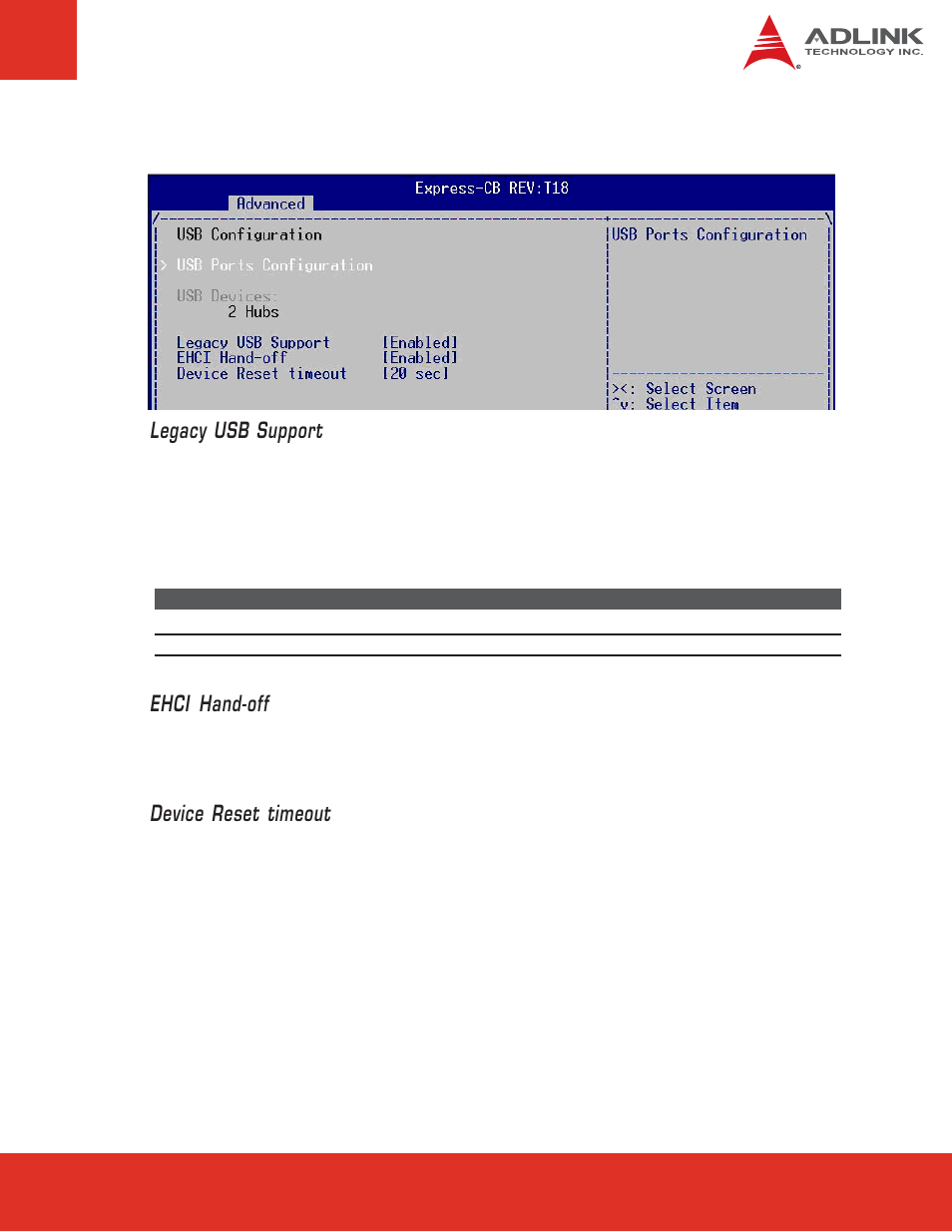 Legacy usb support, Ehci hand-off, Device reset timeout | 6 usb configuration | ADLINK Express-CB User Manual | Page 49 / 78