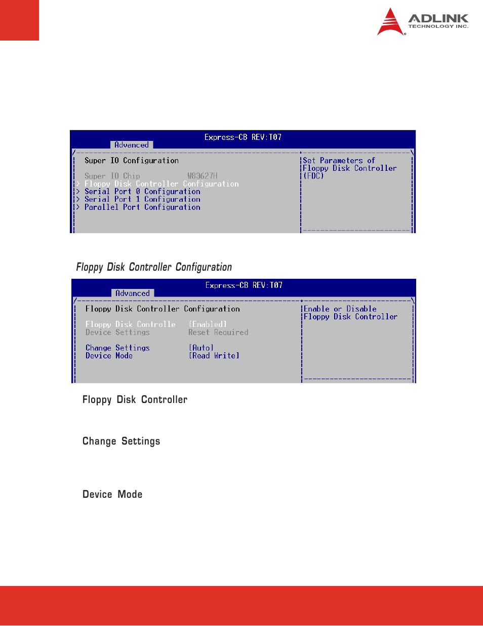 7 superio configuration screen, Floppy disk controller configuration | ADLINK Express-CB User Manual | Page 51 / 78