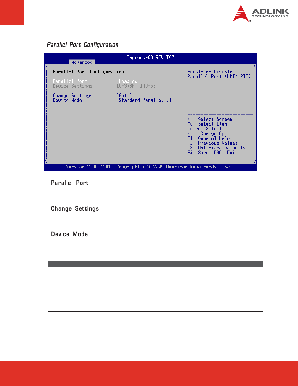 Parallel port configuration, Parallel port, Change settings | Device mode | ADLINK Express-CB User Manual | Page 53 / 78