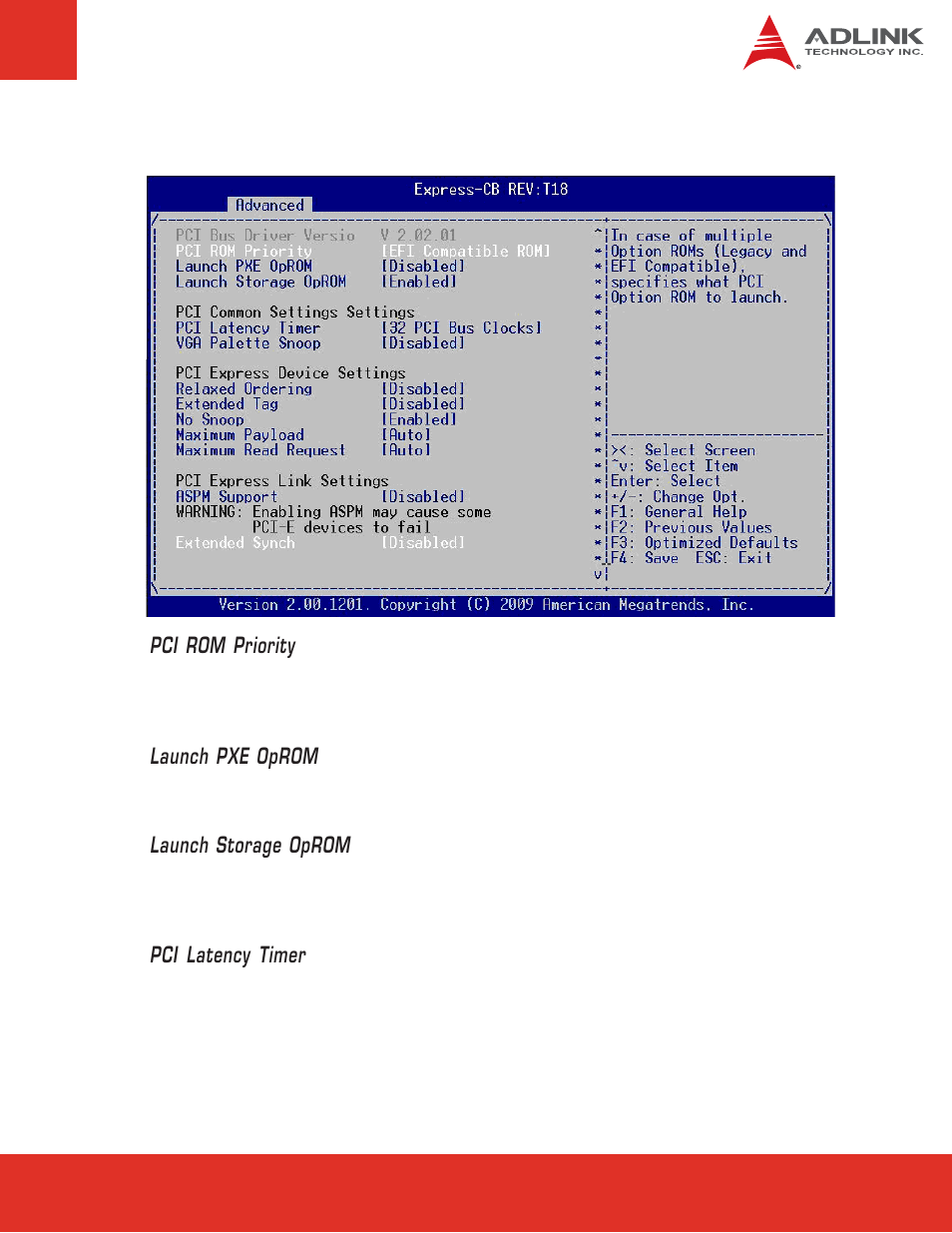 10 pci subsystem settings pci rom priority, Launch pxe oprom, Launch storage oprom | Pci latency timer | ADLINK Express-CB User Manual | Page 55 / 78