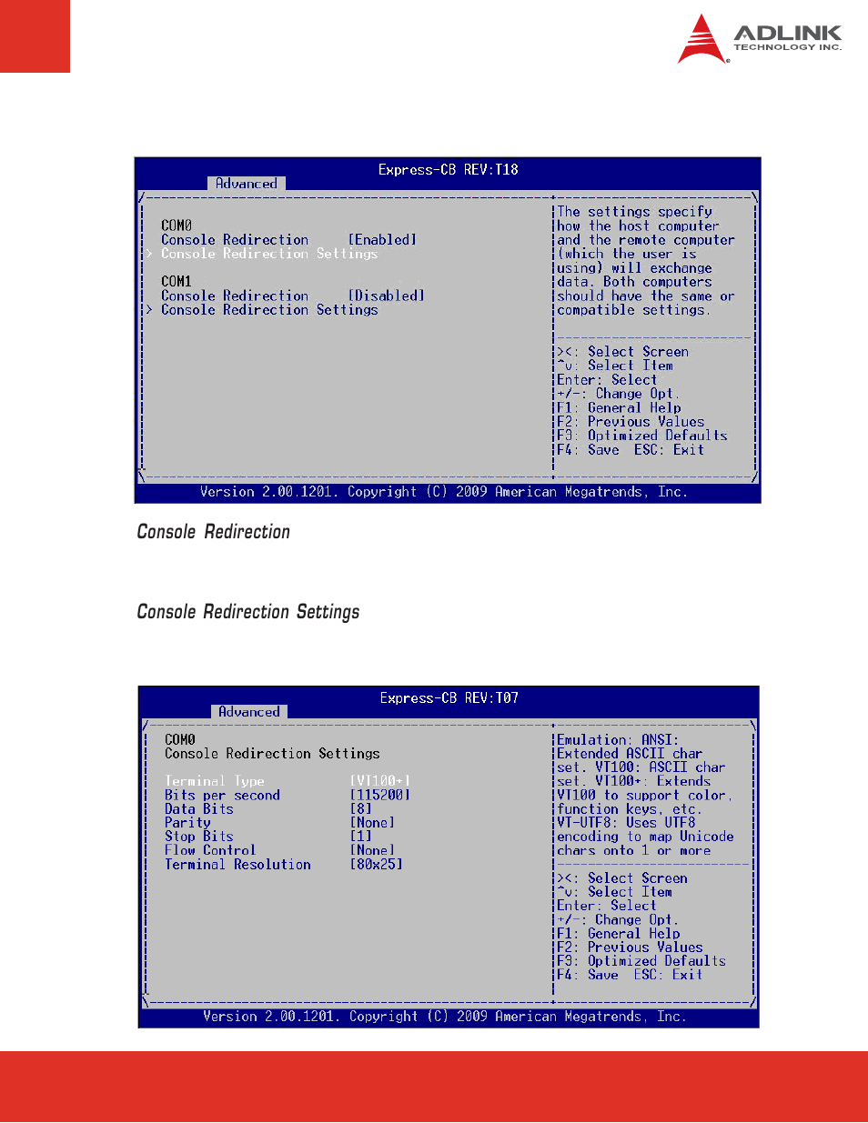 Console redirection settings | ADLINK Express-CB User Manual | Page 57 / 78