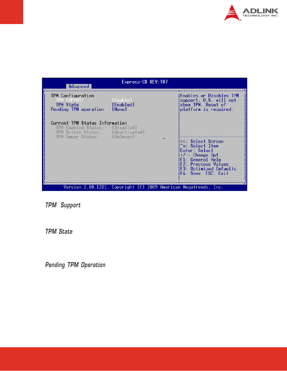 12 trusted computing, Tpm support, Tpm state | Pending tpm operation | ADLINK Express-CB User Manual | Page 59 / 78