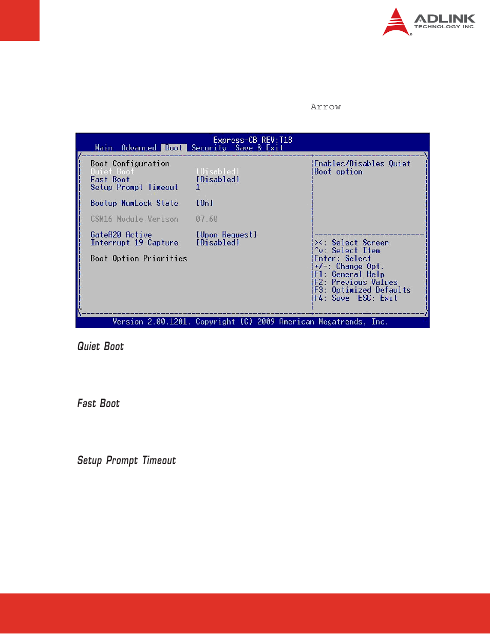 5 boot configuration, Boot configuration, Quiet boot | Fast boot, Setup prompt timeout | ADLINK Express-CB User Manual | Page 61 / 78