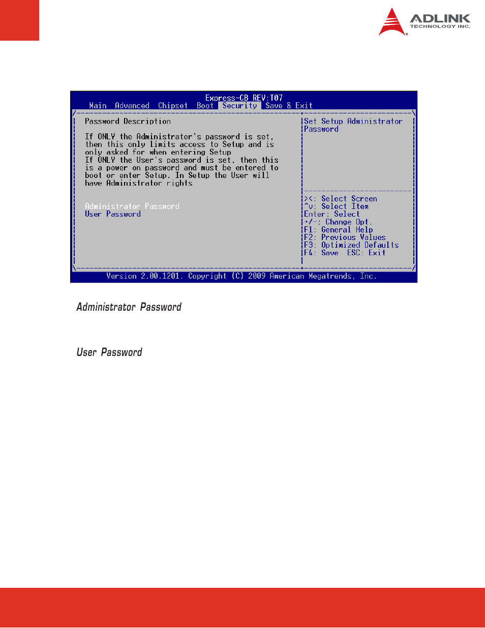 6 security setup, Security setup, Administrator password | User password | ADLINK Express-CB User Manual | Page 63 / 78
