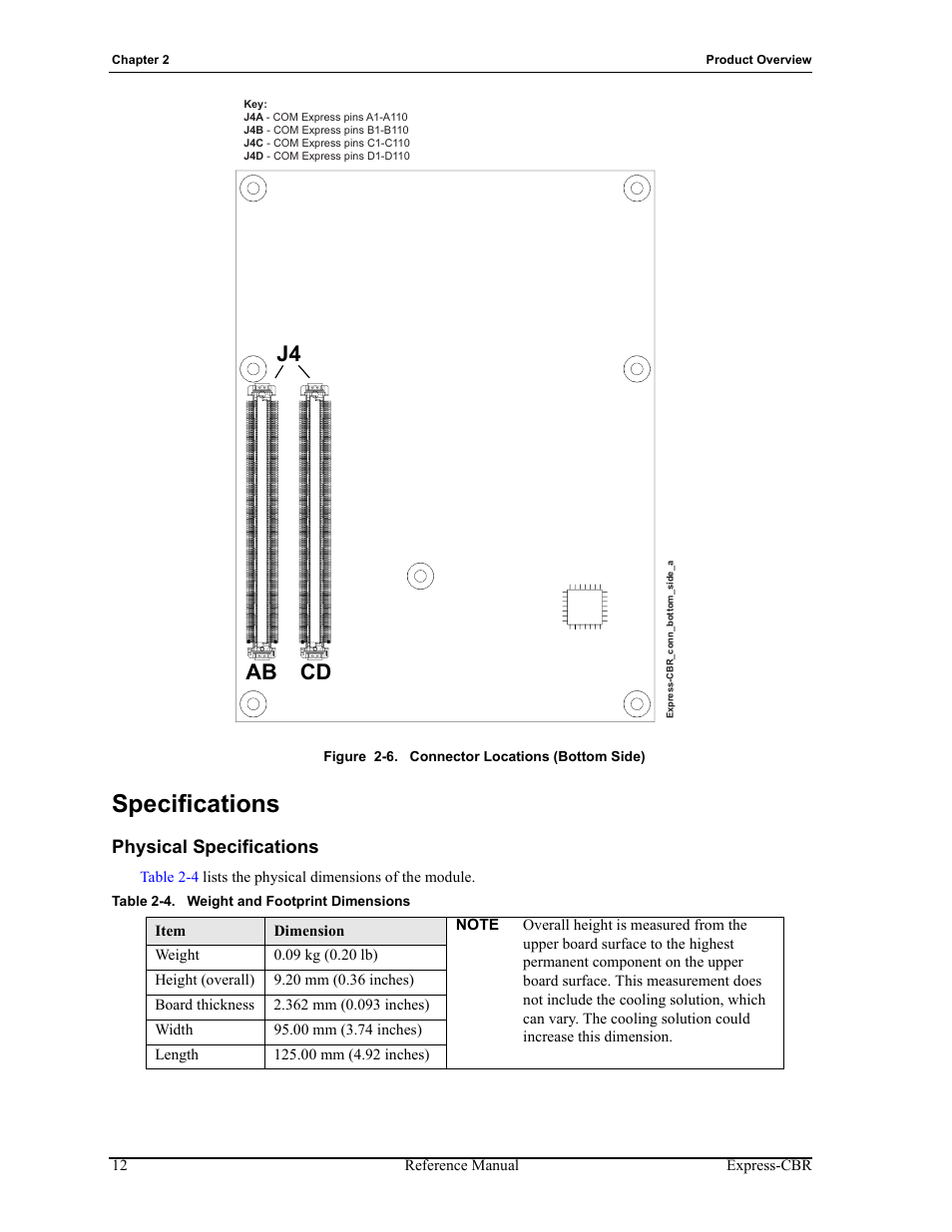 Specifications, Physical specifications, Figure 2-6 | Connector locations (bottom side), Table 2-4, Weight and footprint dimensions, U27 - board controller, Cd j4 ab | ADLINK Express-CBR User Manual | Page 16 / 54