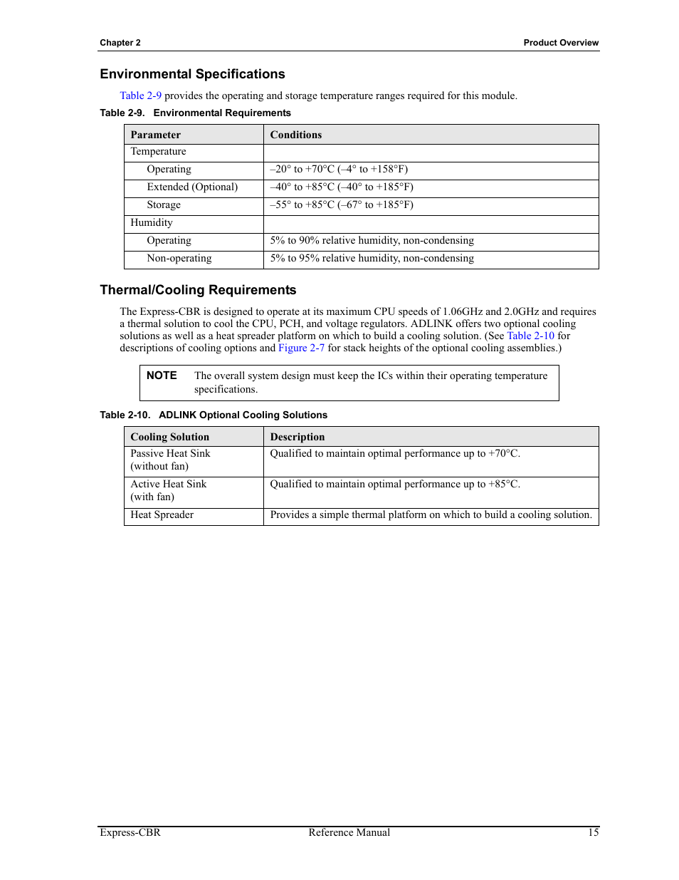 Table 2-9, Environmental requirements, Table 2-10 | Adlink optional cooling solutions | ADLINK Express-CBR User Manual | Page 19 / 54